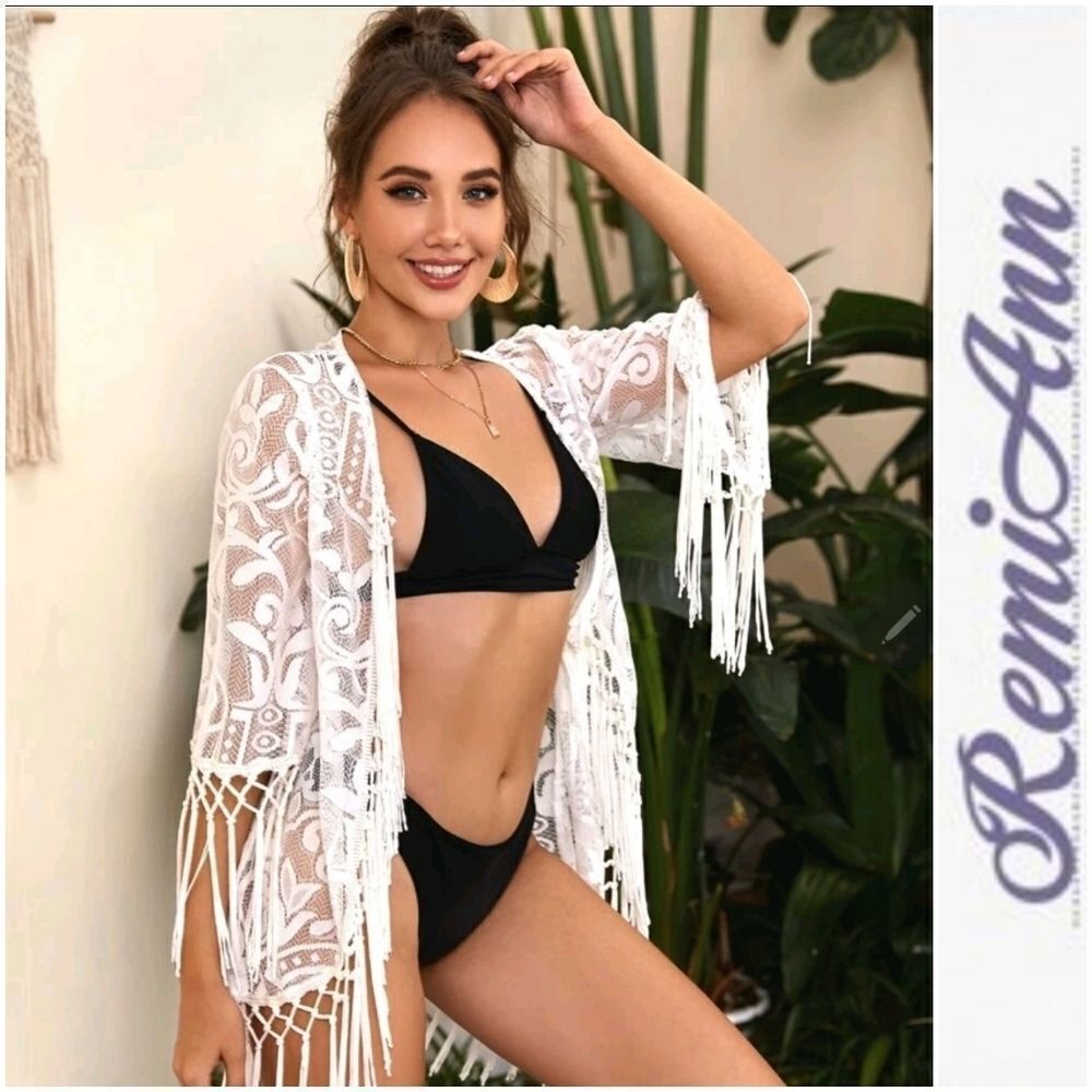 Fringe Trim Open Front Lace Kimono